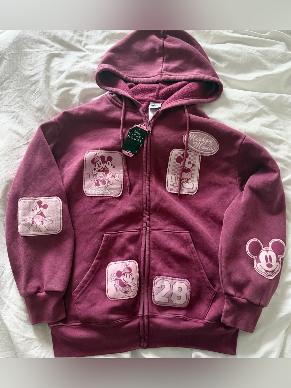 nwt official disney mickey and friends patch work hoodie